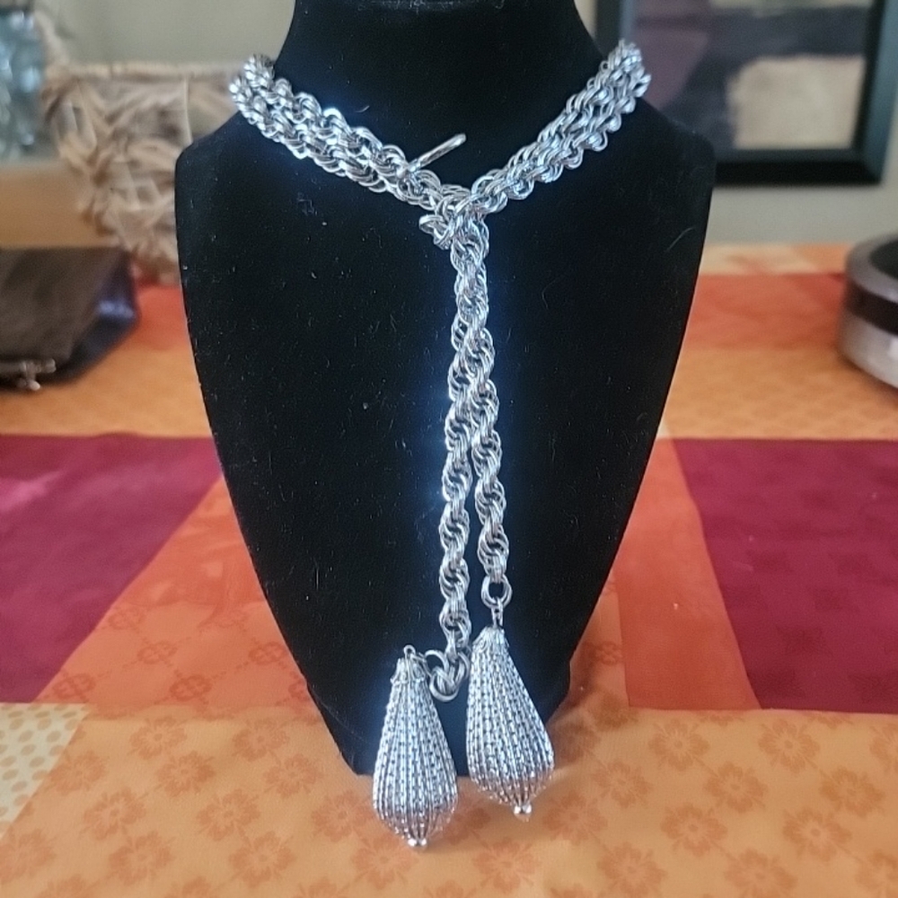 Sautoir Rope Chain Necklace 31 in Silvertone Statement Vintage 1960 1970 Dangle